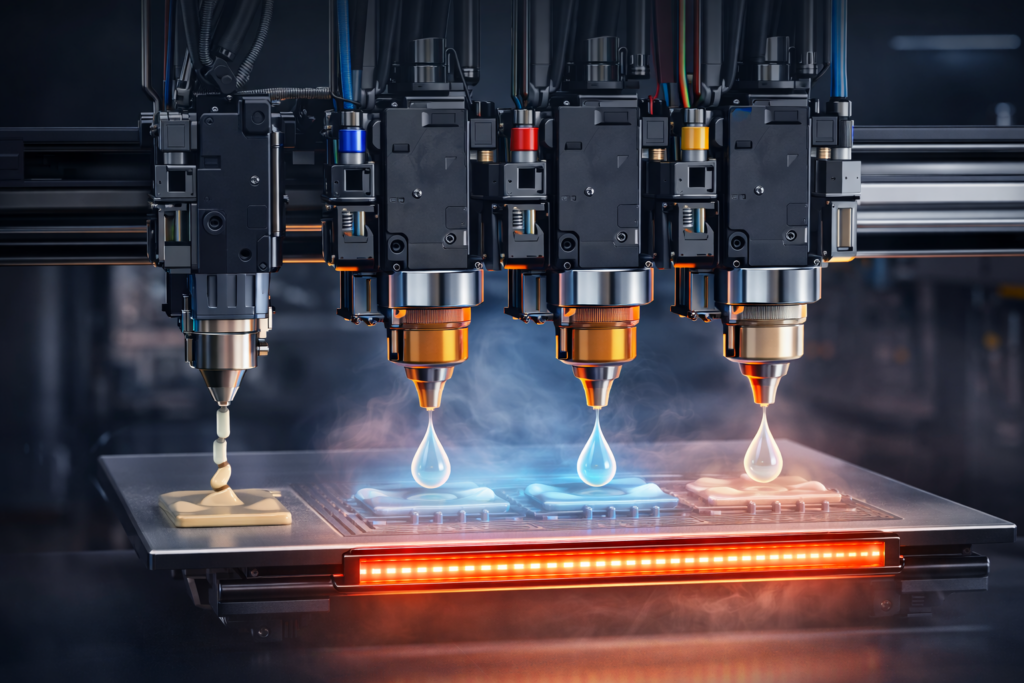 Silicone (LSR) 3D printing with support material and heater rail